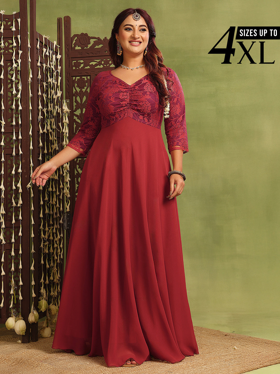 Brick Red Long Sleeves Lace Empire Maxi Dress for Women