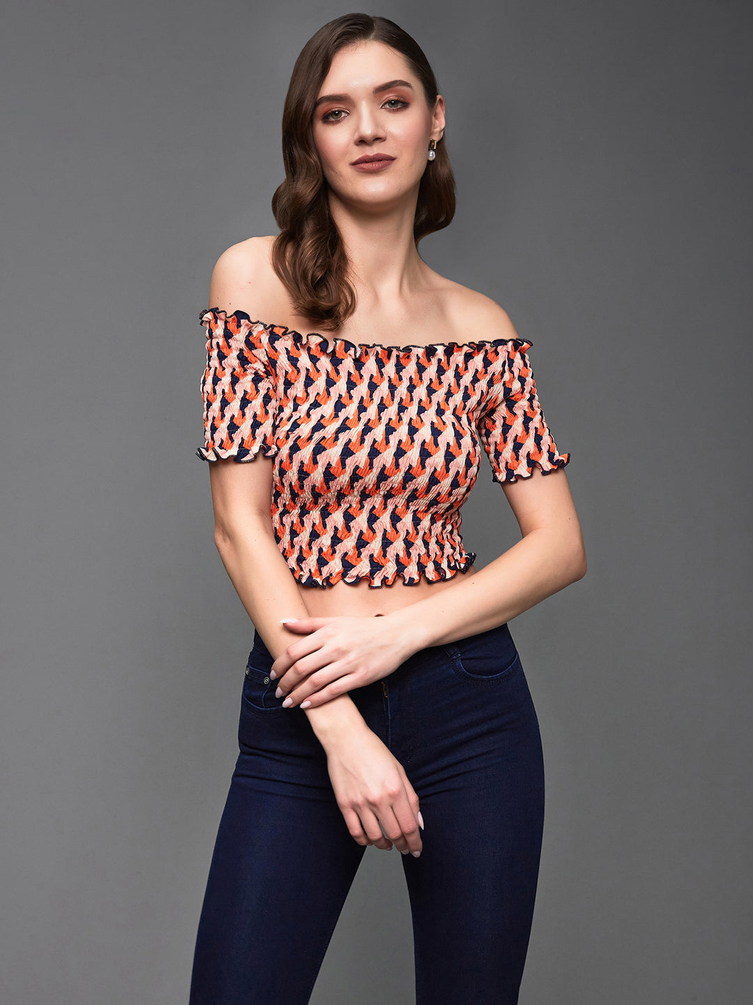 Women's Orange And Navy Bardot Half Sleeve Geometric Patterned Off Shoulder Smocked Crepe Crop Top