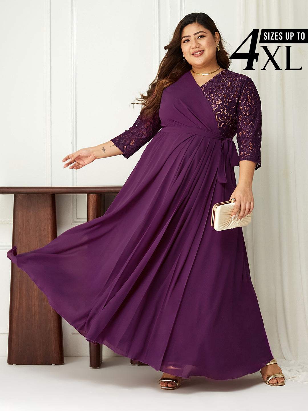Dark Purple Long Sleeves Lace Wrap Maxi Dress for Women