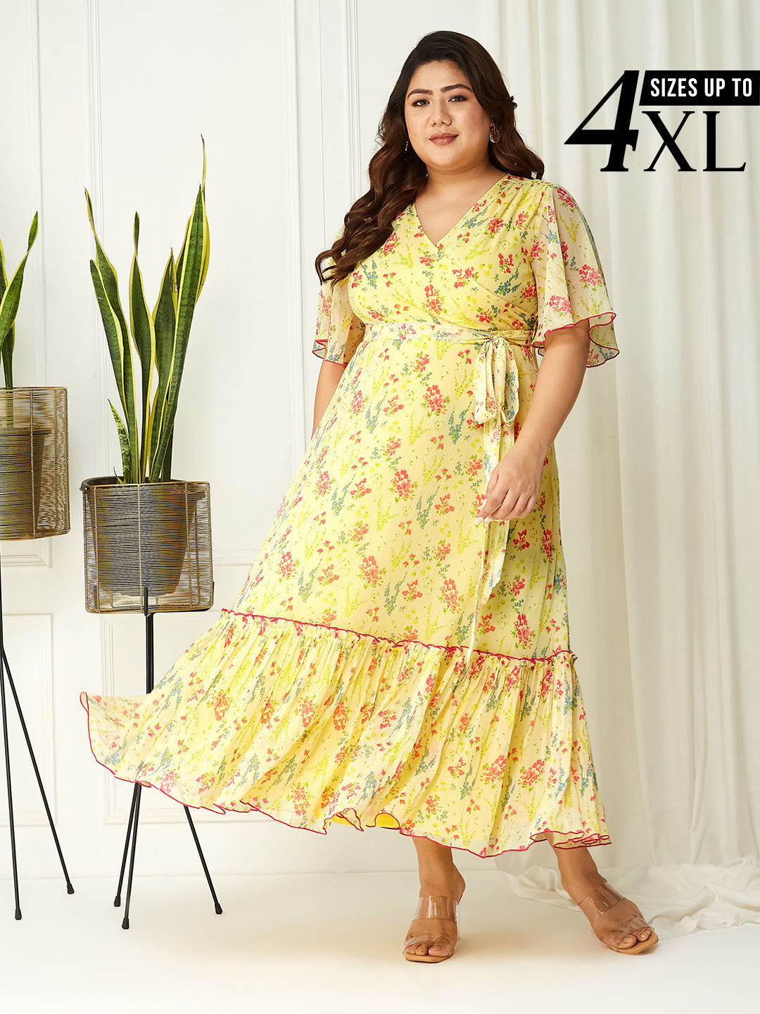 Yellow Floral Printed Flutter Sleeves Maxi Dress for Women
