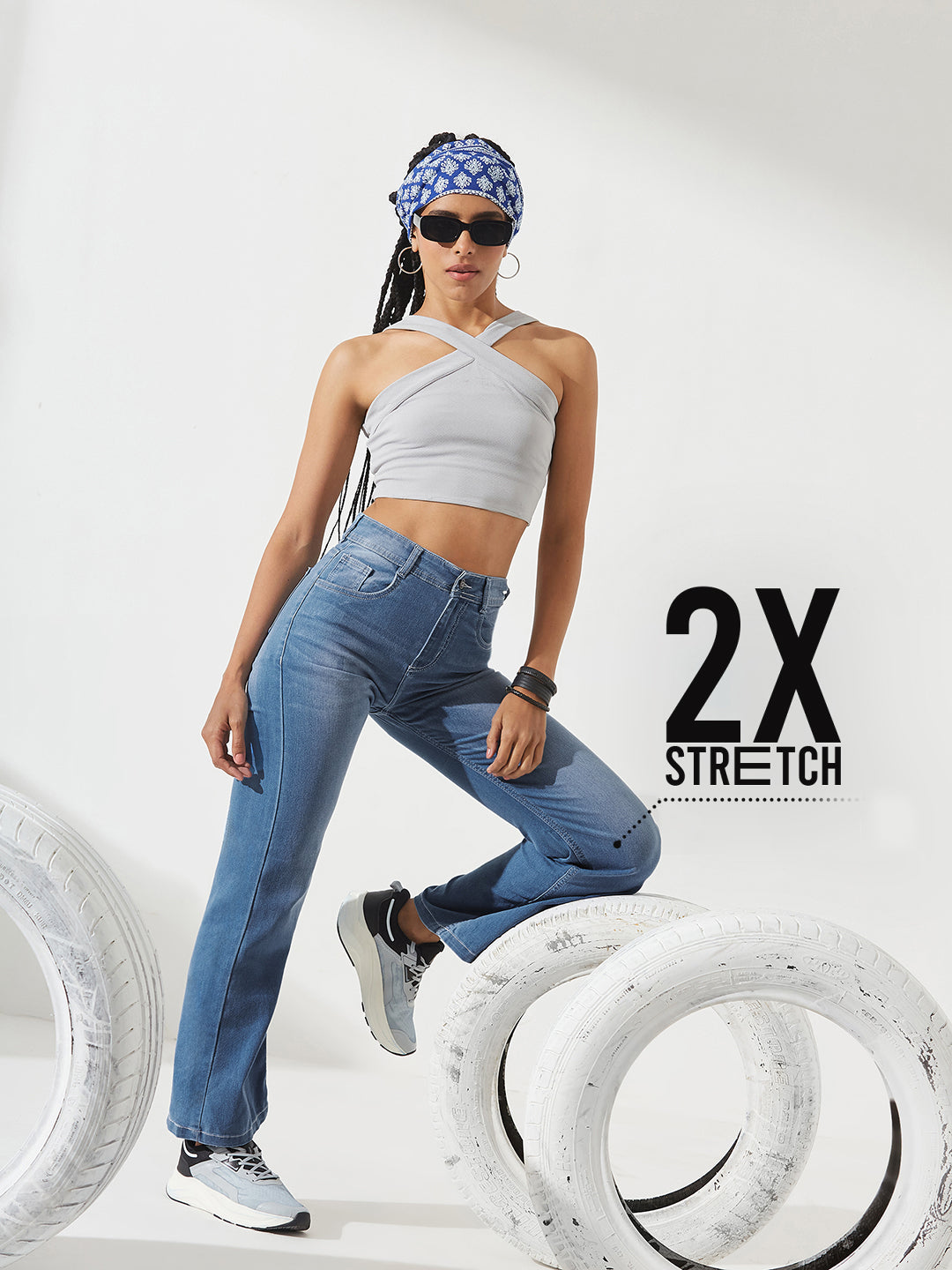 CHASEstretch™ Light-Blue Wide-Leg Mid-Rise Blast Effect Light Weight Denim Jeans For Women — Dolce Crudo