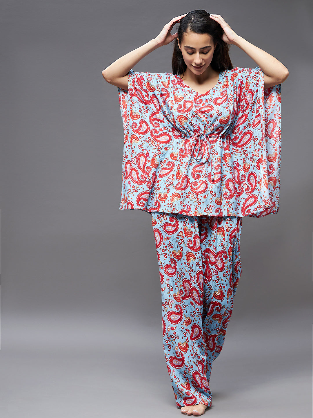 Women's Blue and red V Neck Kaftan Sleeve Printed Tie-Up Waist Regular Kaftan & Pajama Set