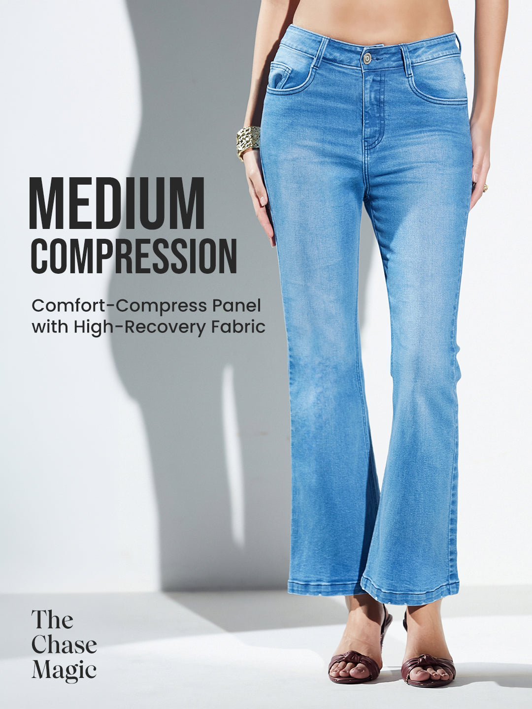 CHASEshape™ Mild Compression Bootcut High-Rise Mid-Blue Denim Jeans for Women — Miss Chase