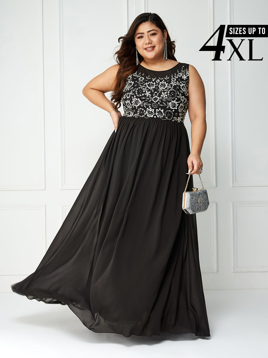 Body Bliss Black Solid Sequin Embroidery Maxi Dress for Women