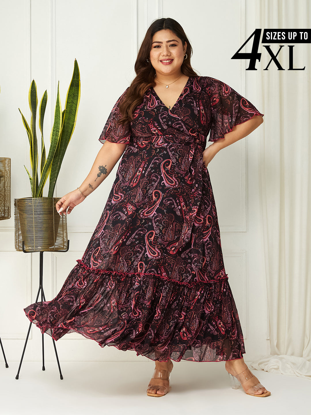 Black Bohemian Printed Flutter Sleeves Maxi Dress for Women