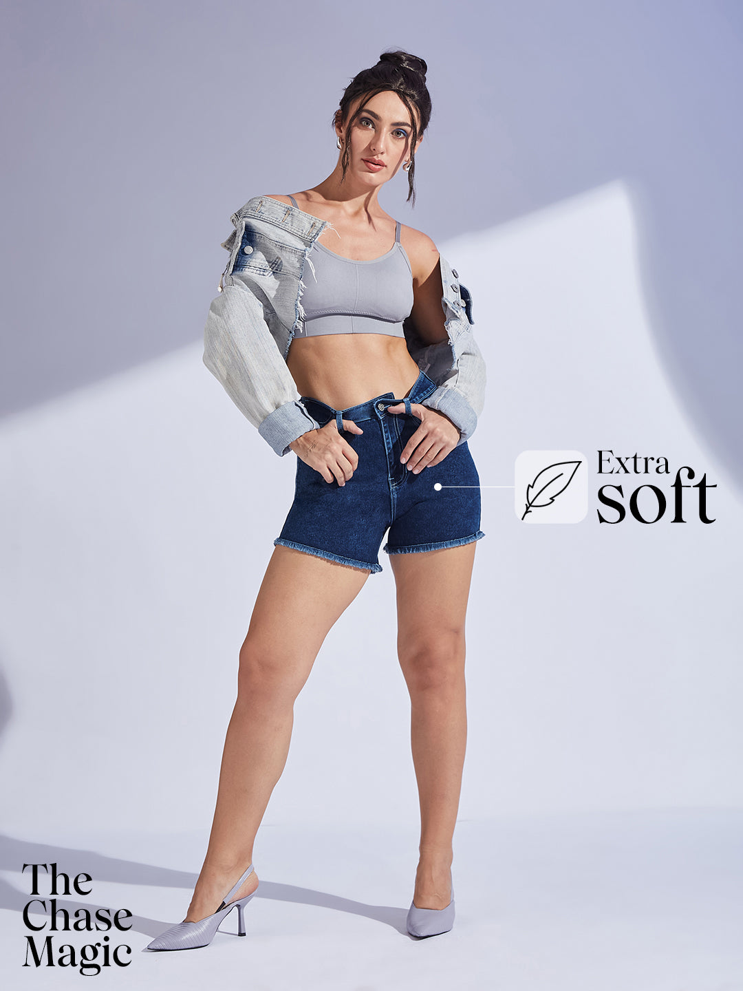 Navy-Blue Relaxed Fit High-Rise Stretchable Denim Faded Shorts for Women