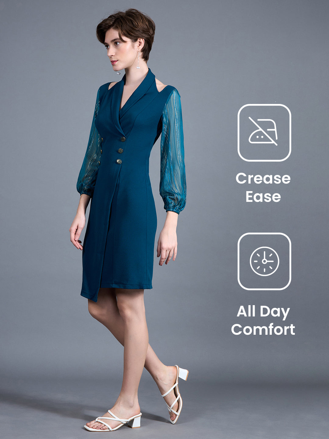 Women's Teal Shawl Collar Bishop Sleeves Solid Double Breasted Knee Length Dress