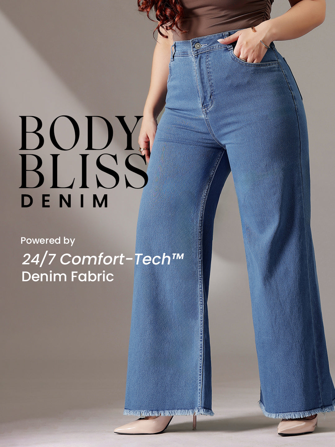 Body Bliss Blue Wide-Leg High-Rise Clean-Look Regular-Length Stretchable Denim Jeans for Women