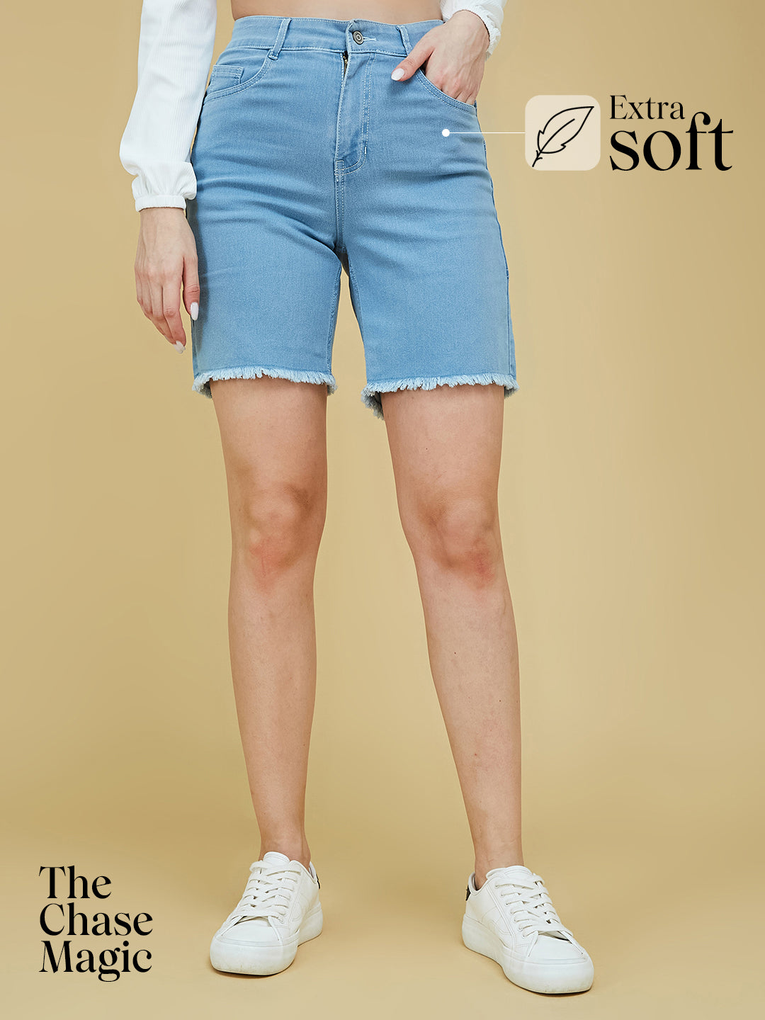 Light-Blue Regular High-Rise Clean-Look Above-Knee Stretchable Denim Shorts for Women