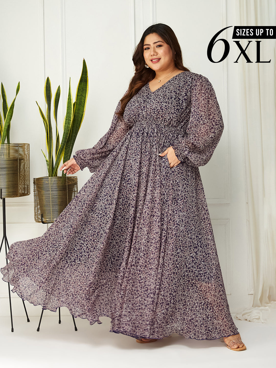 Purple Full Sleeves Floral Printed Fit and Flare Dress for Women