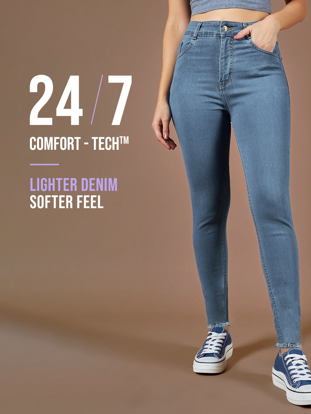 24/7 Comfort Light-Blue Skinny-Fit High-Rise Cropped-Length Fringe Detailing Stretchable Denim Jeans for Women