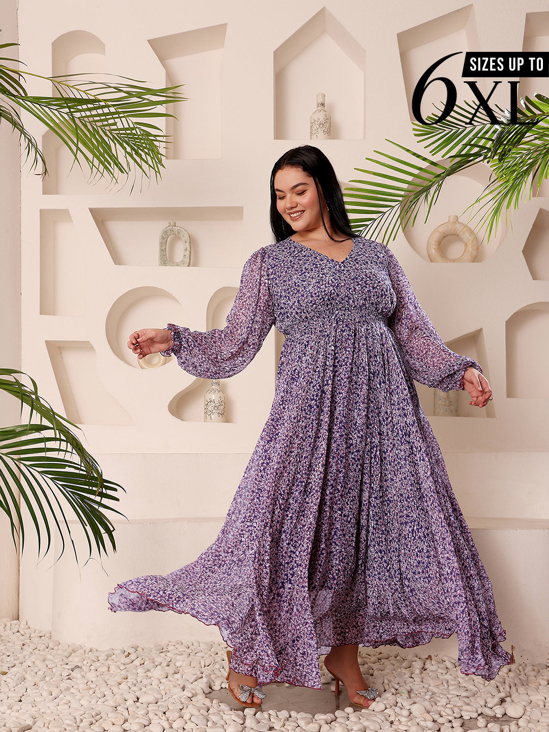 Purple Full Sleeves Floral Printed Fit and Flare Dress for Women