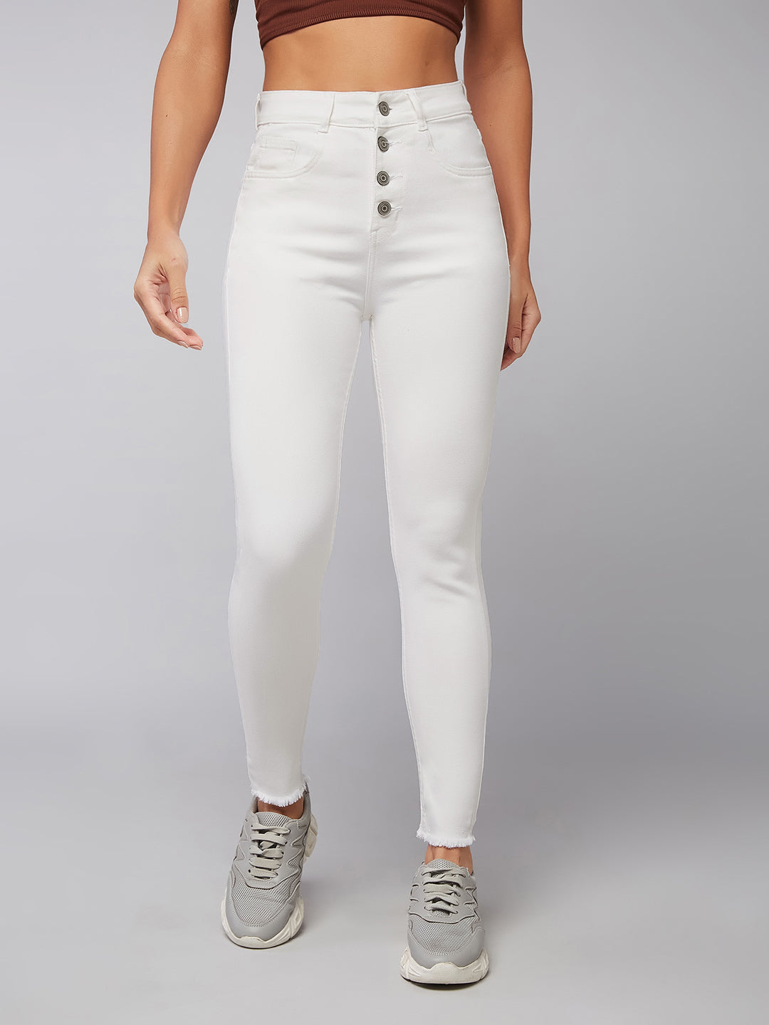 Women's White Skinny Fit High Rise Cropped Raw Edge Detailing Stretchable Denim Jeans