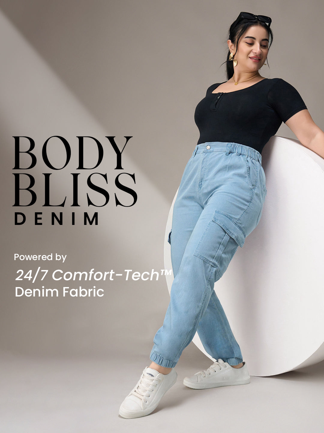 Body Bliss Light-Blue High-Rise Stretchable Lightweight Denim Joggers, Regular Fit for Women