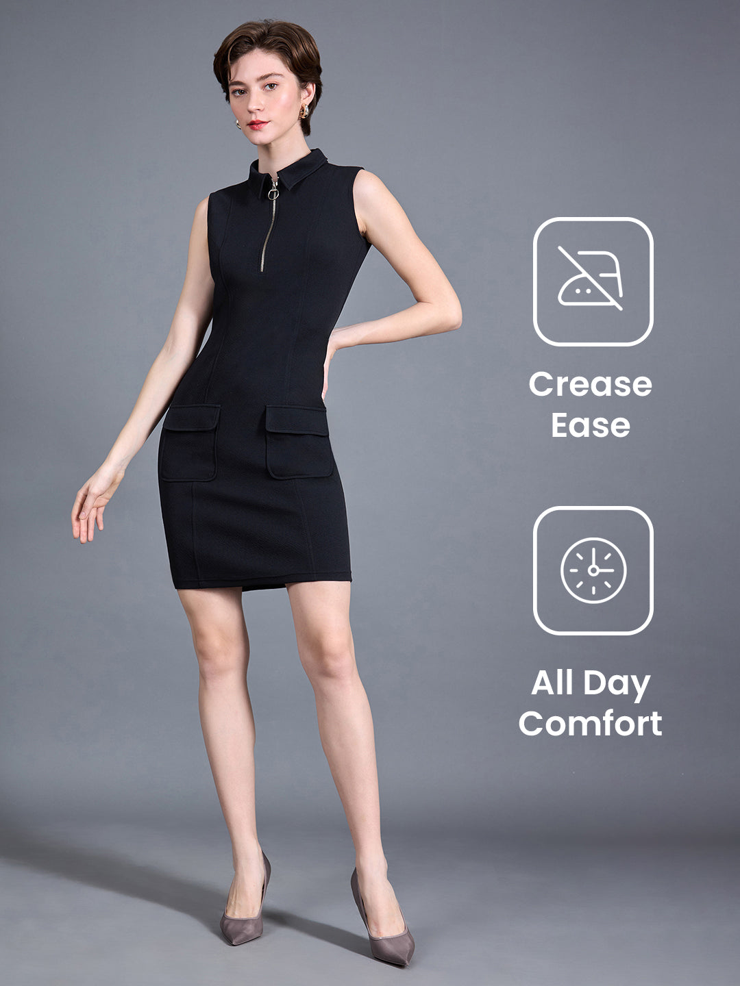 Women's Black Collared Sleeveless Polyester Solid Bodycon Knee-Long Dress