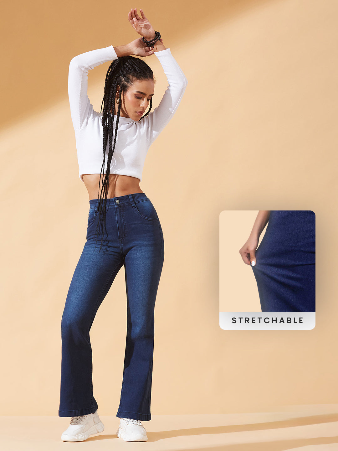CHASEstretch™ Navy-Blue High-Rise Stretchable Flared Denim Jeans For Women