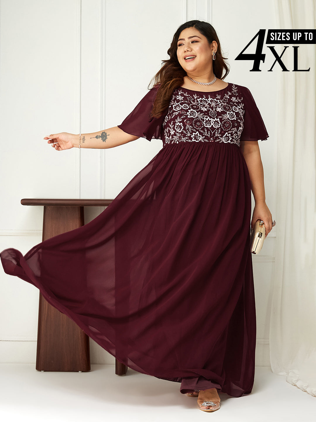 Body Bliss Wine Embellished Georgette Maxi Dress for Women