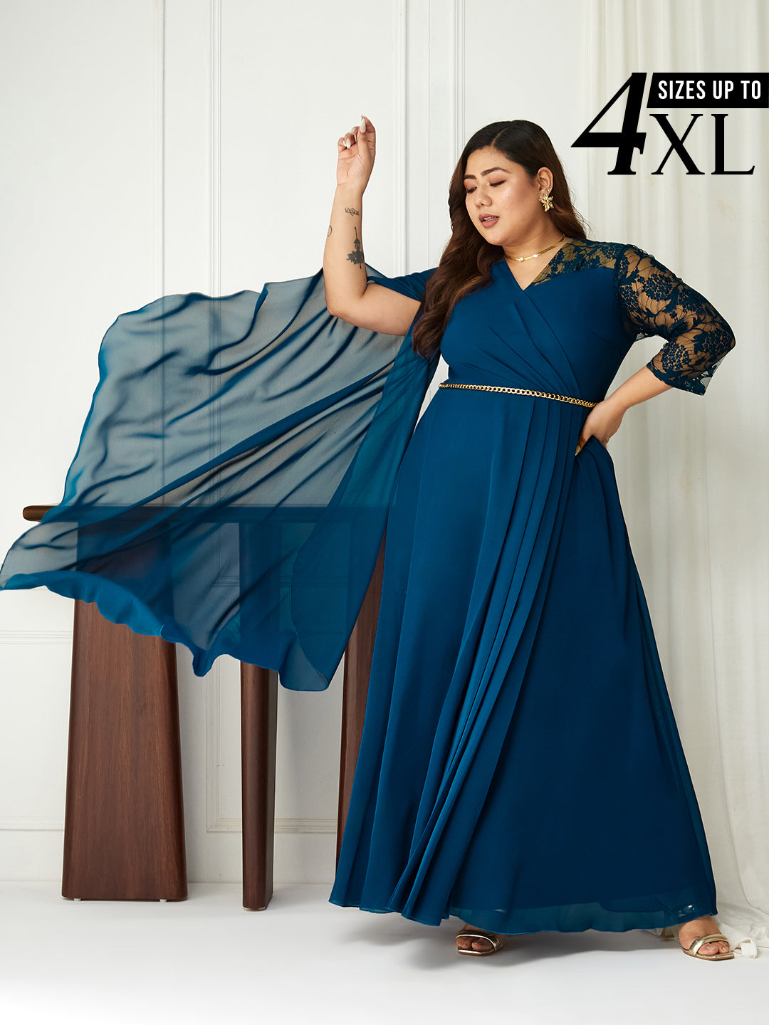 Royal Blue Assymetric Long Sleeves Lace Maxi Dress for Women