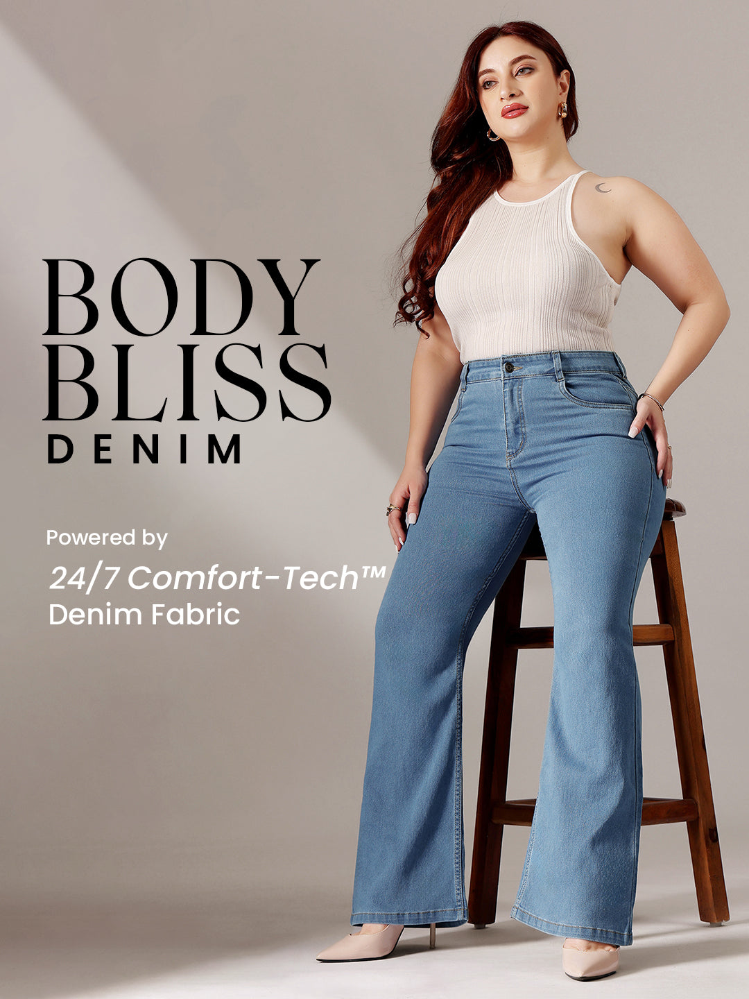 Body Bliss Light-Blue Bootcut High-Rise Clean-Look Stretchable Denim Jeans for Women