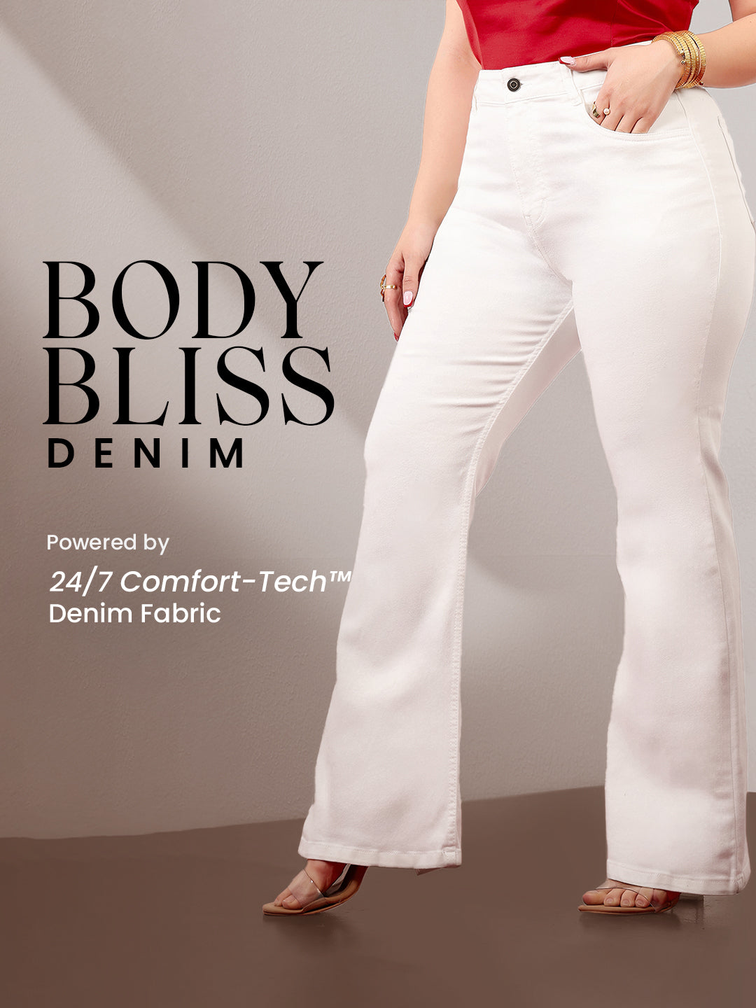 Body Bliss White Bootcut High-Rise Clean-Look Stretchable Denim Jeans for Women