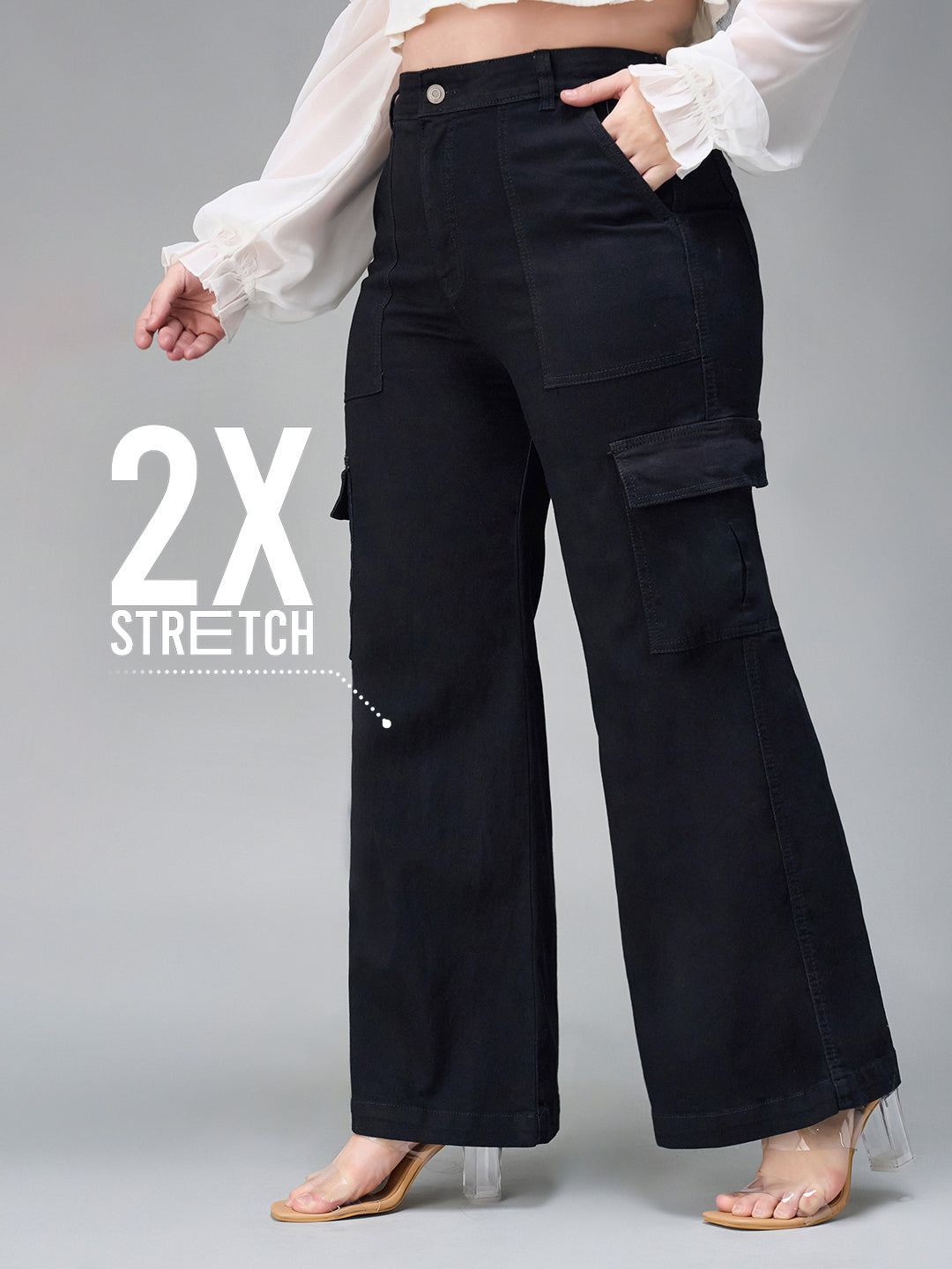 24/7 Comfort Black Wide-Leg High-Rise Stretchable Denim Cargo Jeans for Women