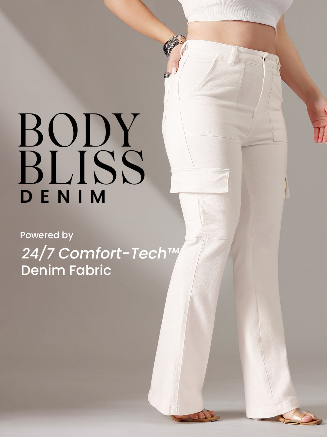 Body Bliss White Wide-Leg High-Rise Clean-Look Regular-Length Stretchable Denim Jeans for Women