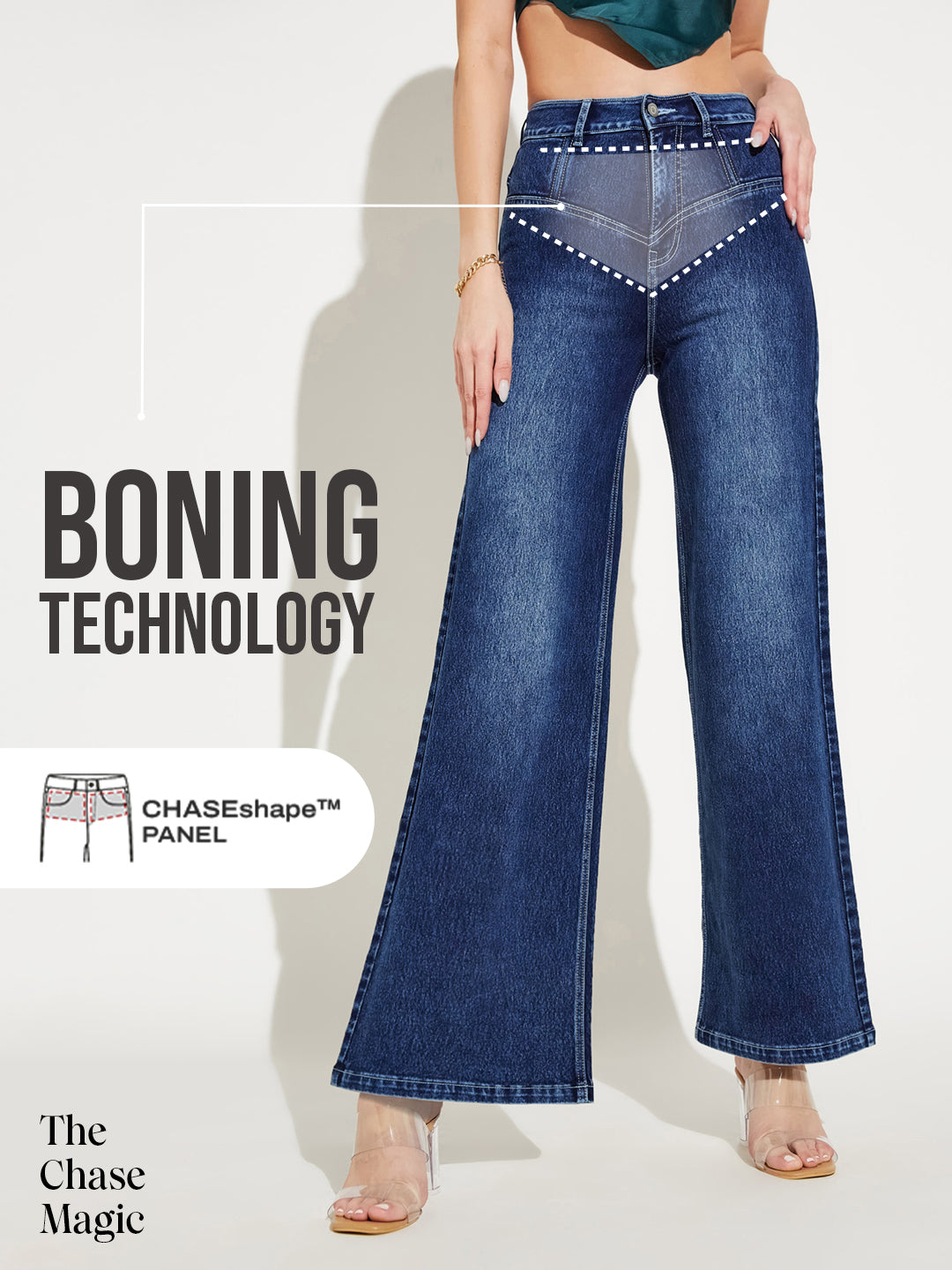 Tummy Smoothening Light-Shaping Wide-Leg High-Rise Navy Blue Denim Jeans with Boning Technology
