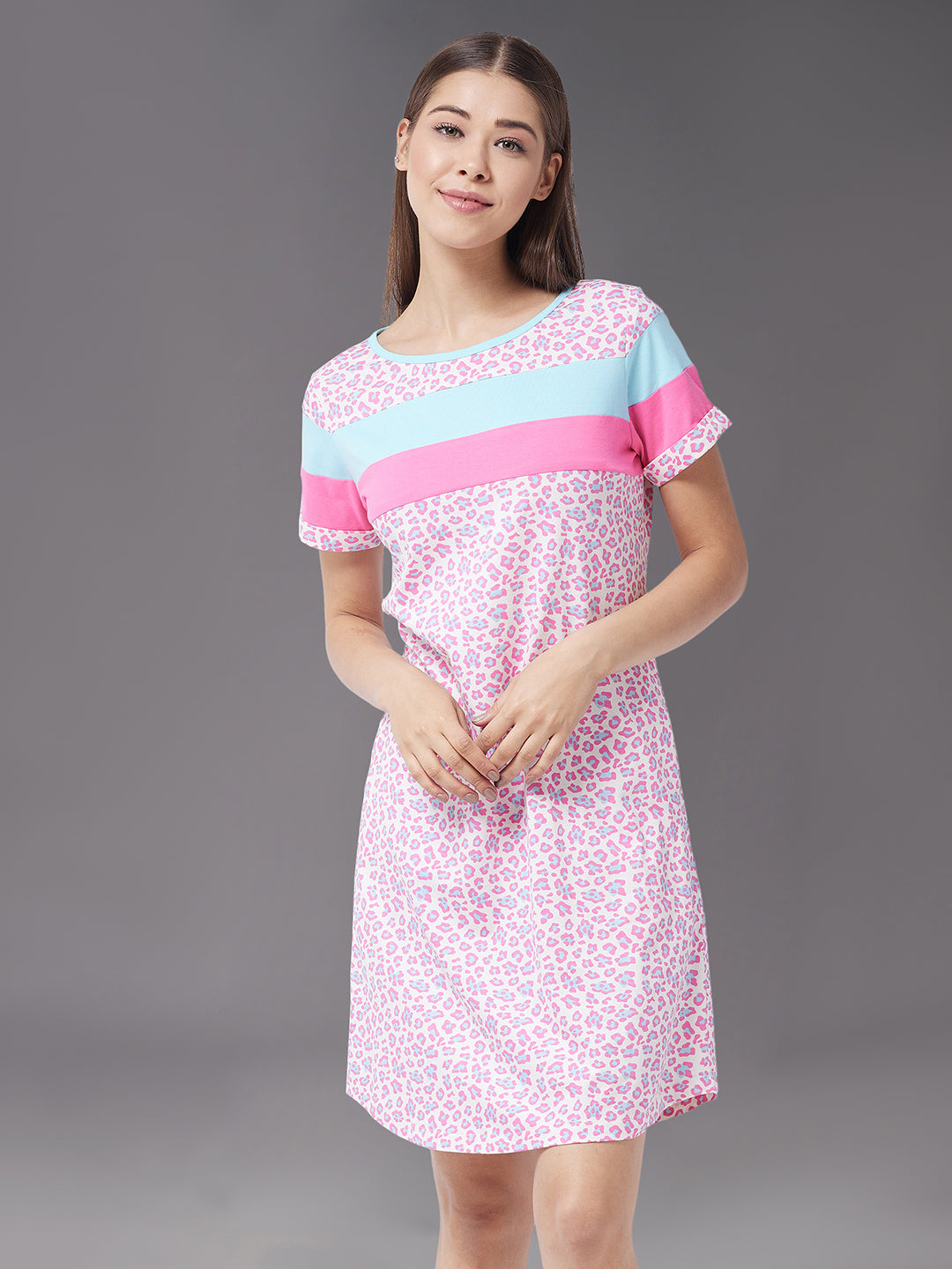 Women's Off white Round Neck Short Sleeves Printed Regular Dress