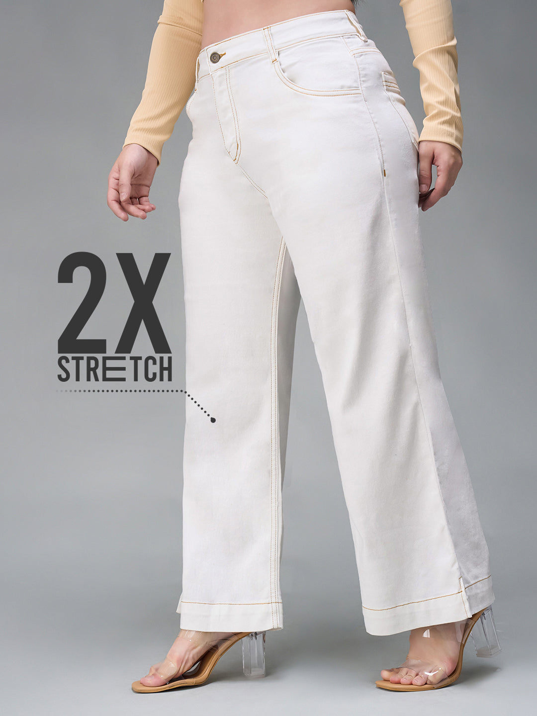 24/7 Comfort White Flared Mid-Rise Ankle length Stretchable Denim Jeans for Women
