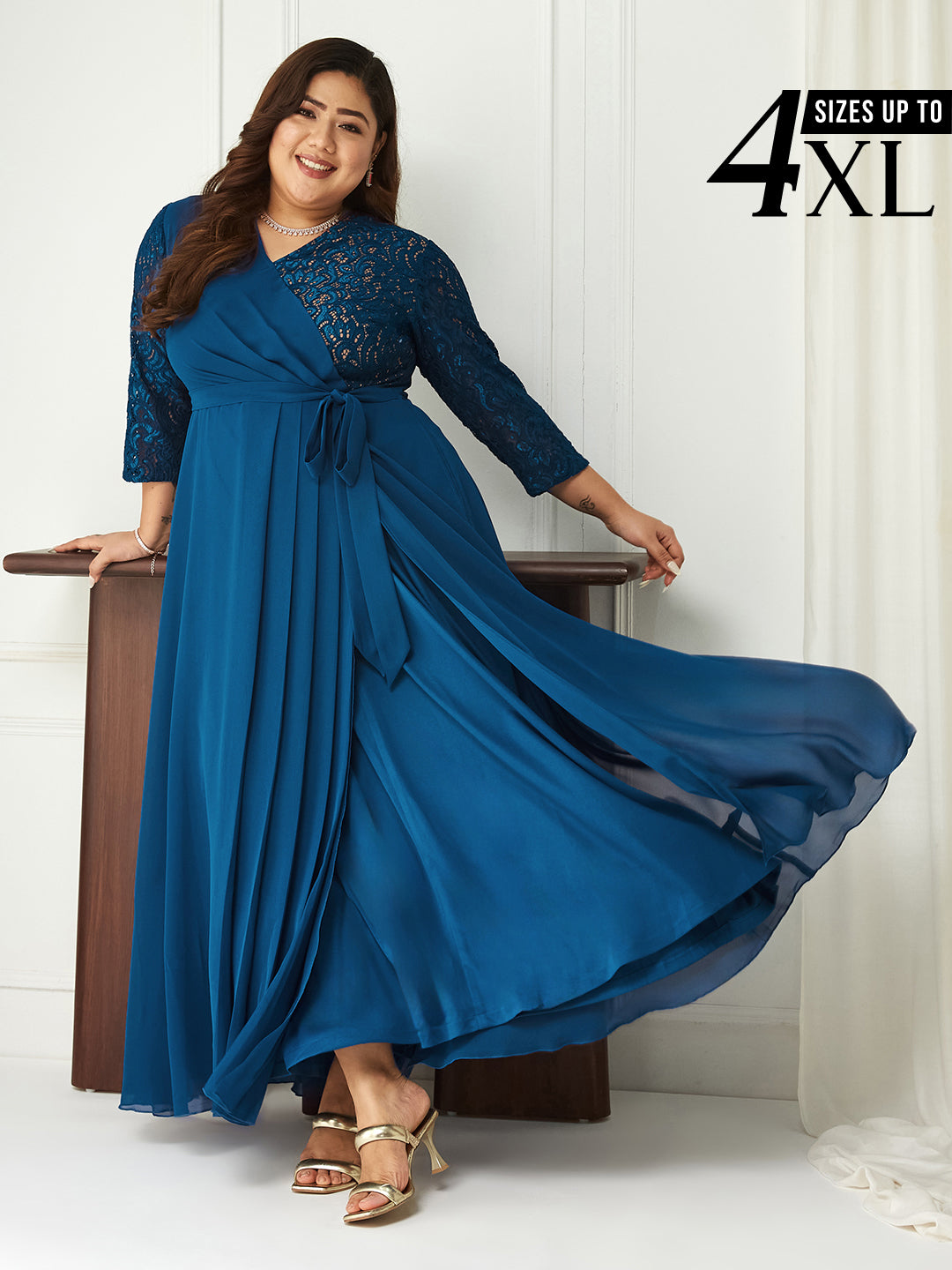 Royal Blue Long Sleeves Lace Wrap Maxi Dress for Women