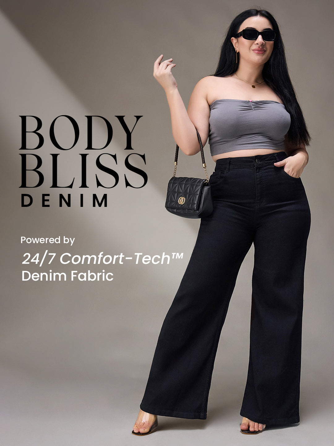 Body Bliss Black Wide-Leg High-Rise Stretchable Denim Jeans for Women