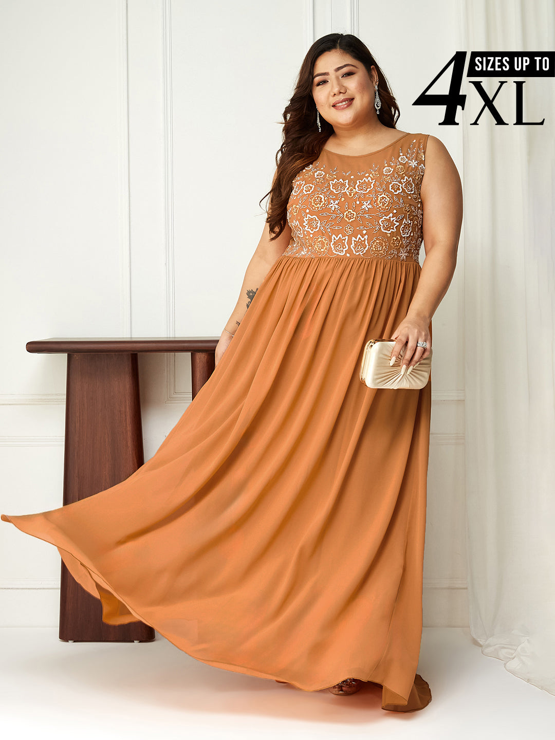 Body Bliss Orange Sequin Embroidered Georgette Maxi Dress for Women
