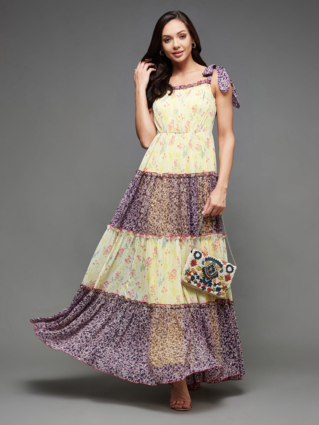 Women's Multicolored Square Neck Shoulder Strap Tie-Up Floral Patterned Tiered Maxi Chiffon Dress