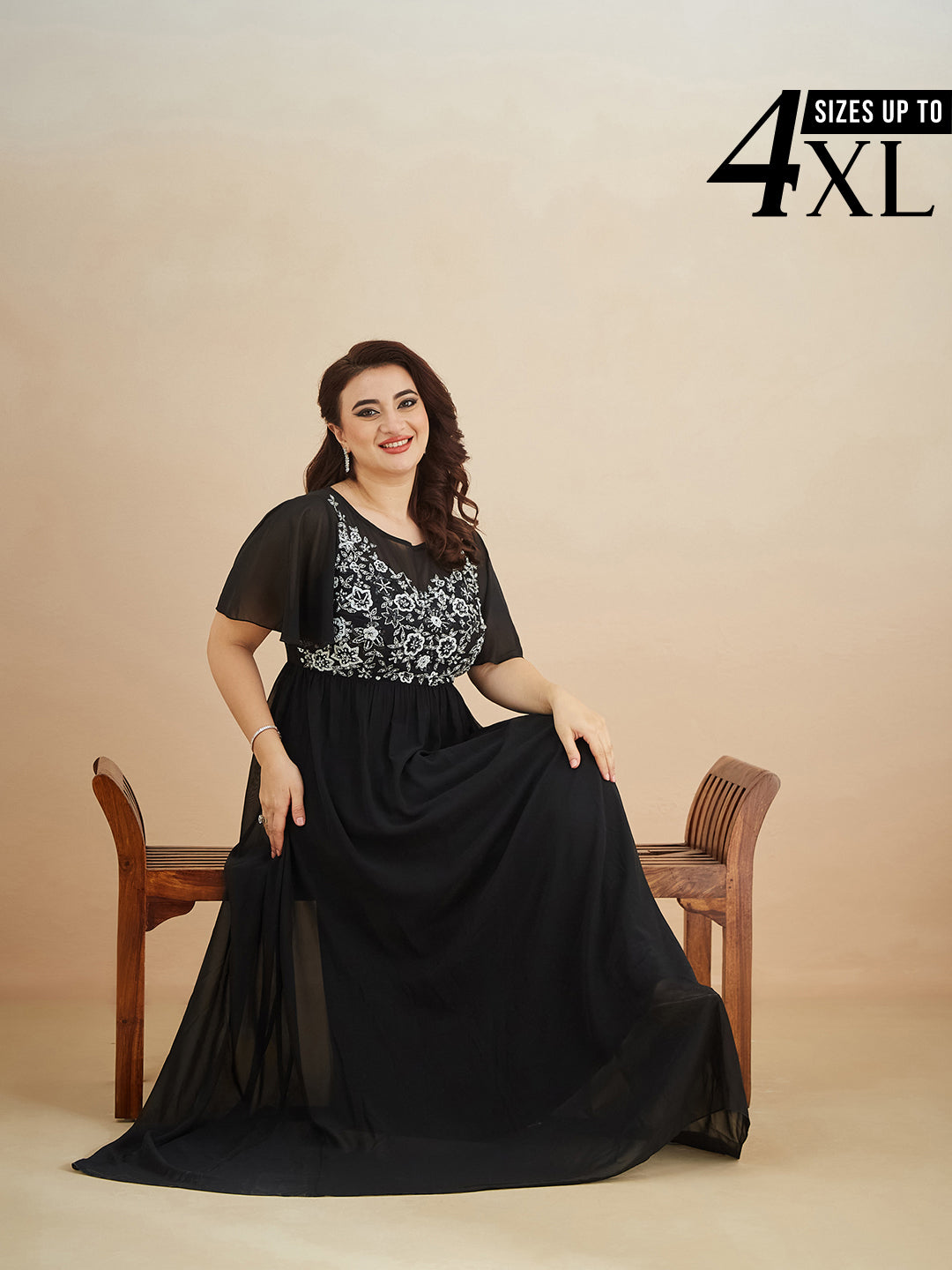 Black Flared Sleeves Fit and Flare Sequinned Maxi Dress for Women