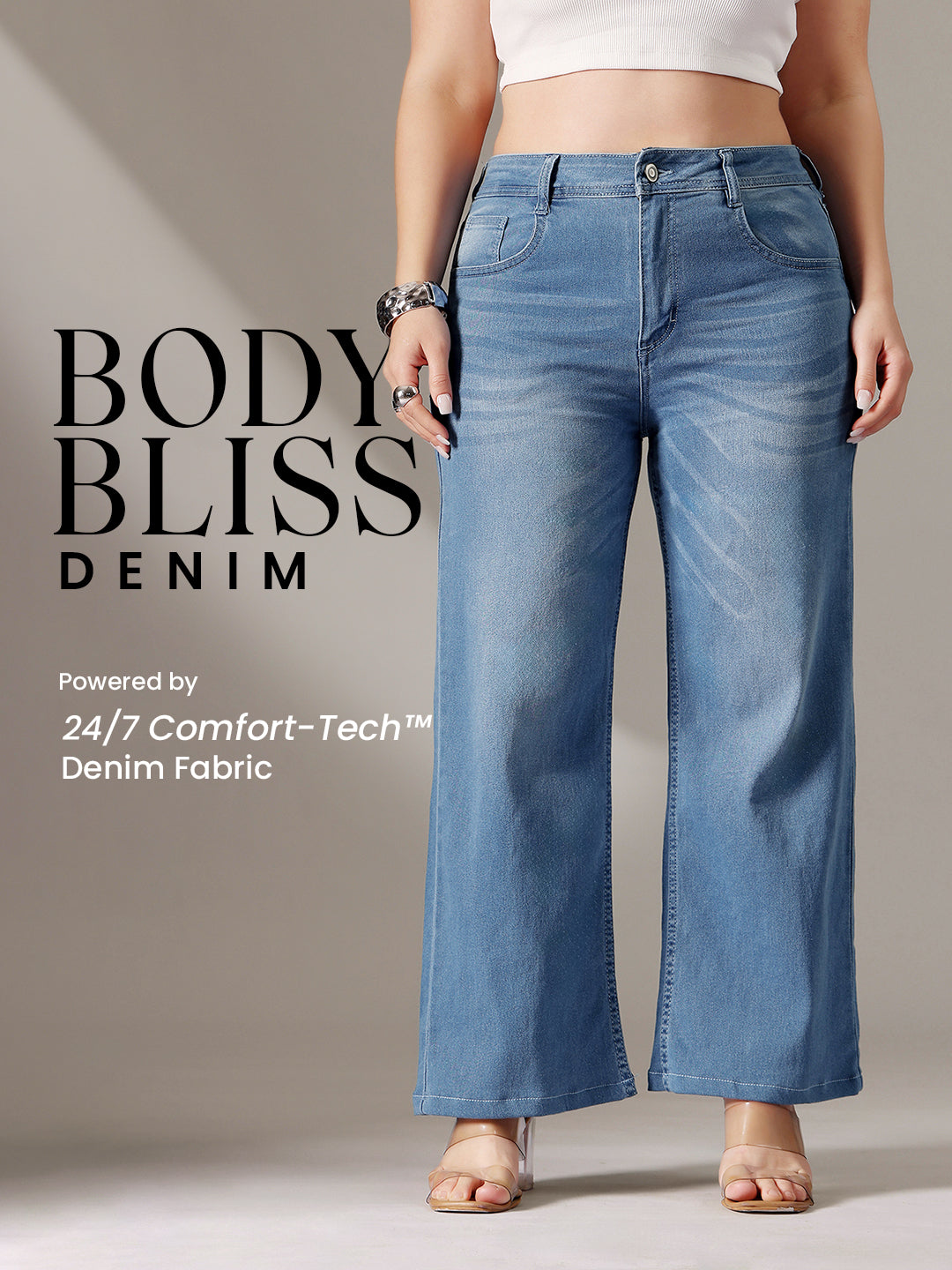 Body Bliss Light-Blue Wide-Leg fit Mid-Rise Stretchable Denim Jeans for Women