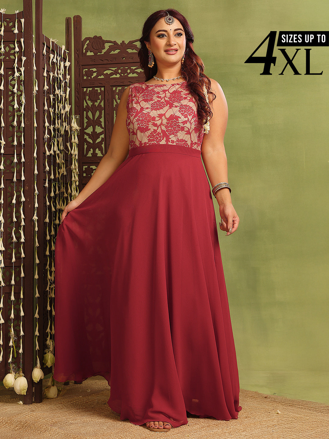 Brick Red & Dusty Green Sleeveless Fit and Flare Lace Dress for Women