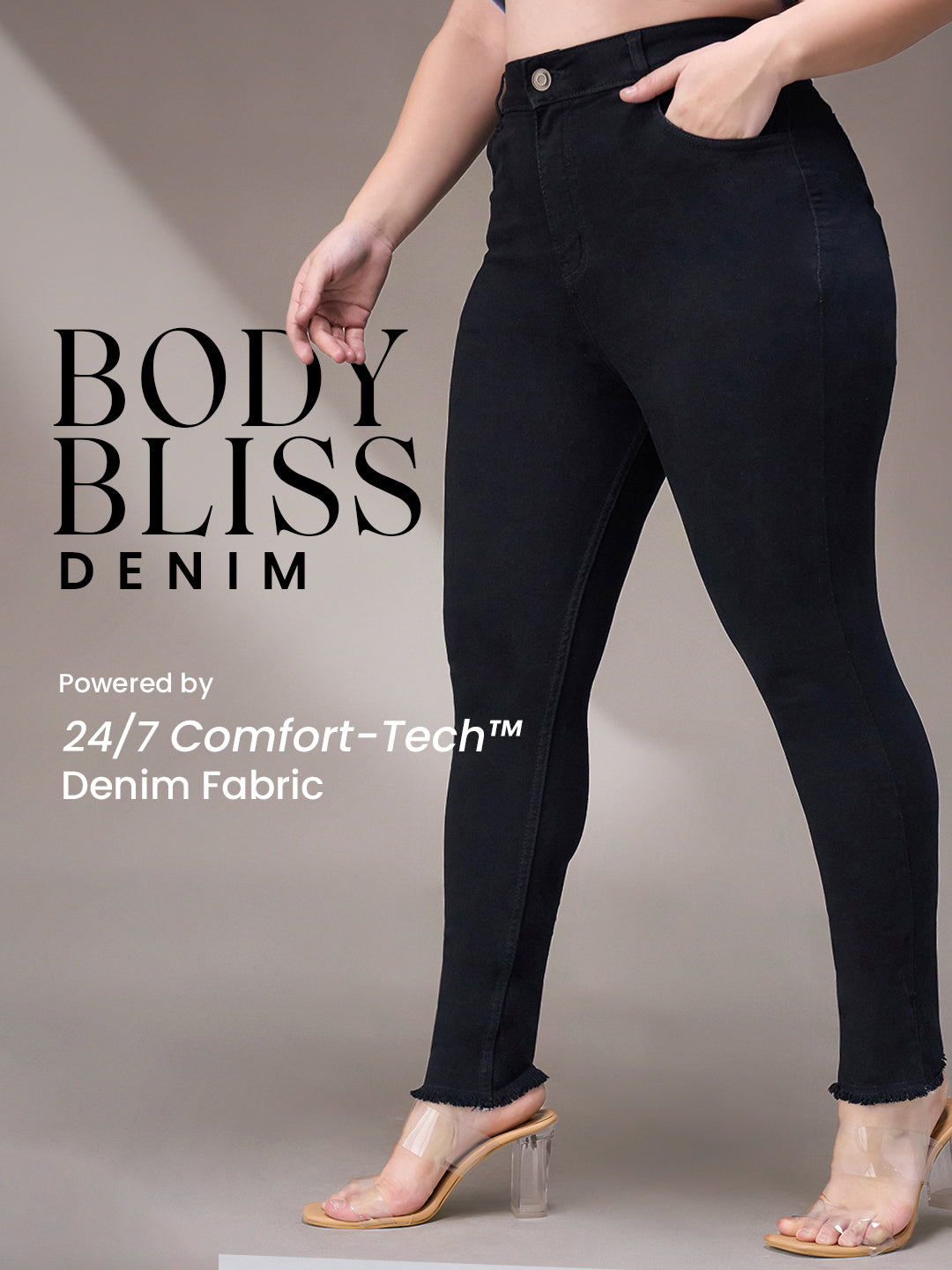 Body Bliss Black Skinny-Fit Fringed Detailing High-Rise Solid Cropped Stretchable Denim Jeans for Women