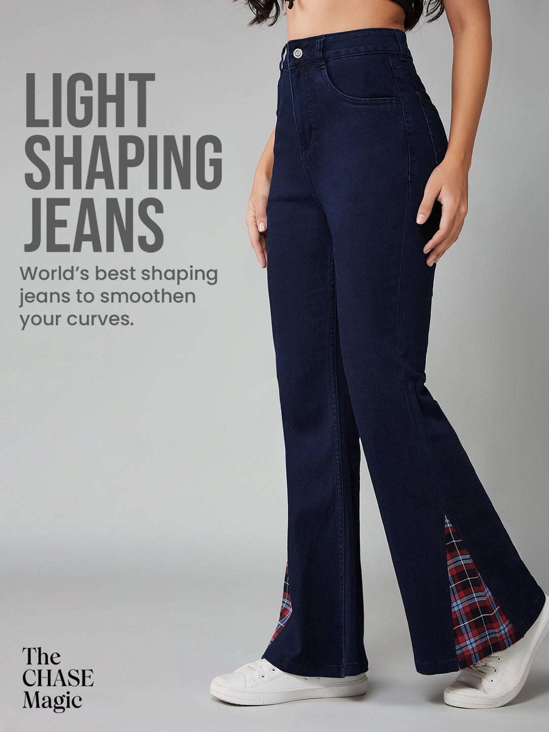 CHASEshape™ Light-Shaping High-Rise Checked Peeps Navy Blue Stretchable Denim Bootcut Jeans for Women
