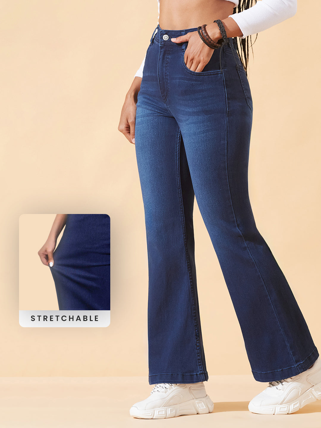 CHASEstretch™ Navy-Blue High-Rise Clean-Look Stretchable Flared Denim Jeans for Women