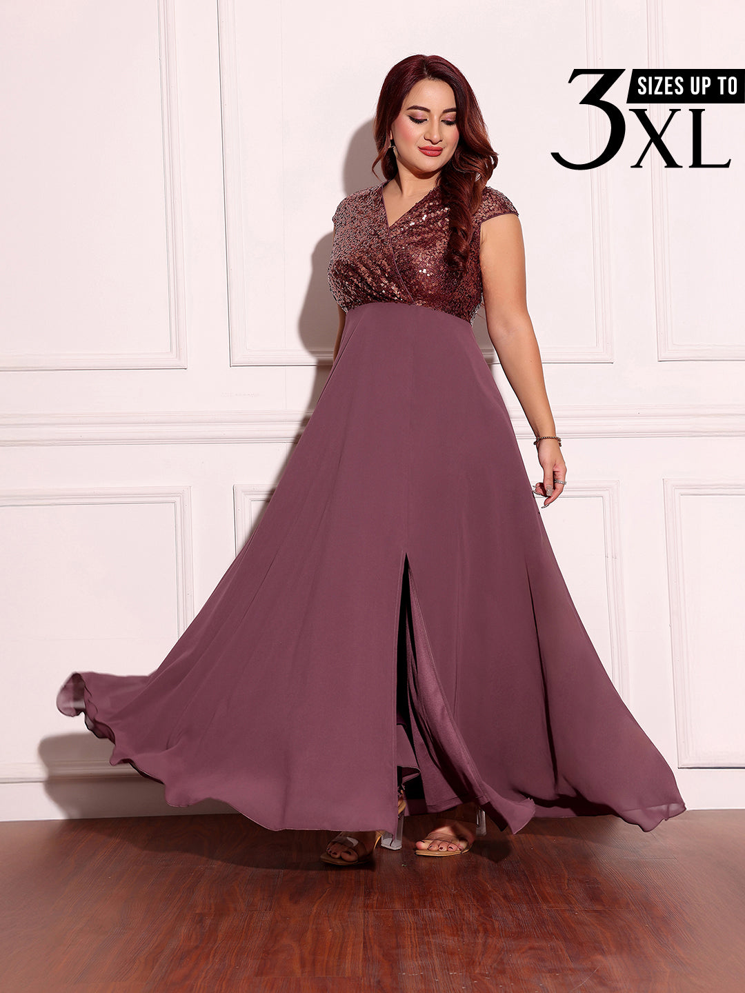 Mauve & Wine Sleeveless Fit and Flare Sequinned Maxi Dress for Women