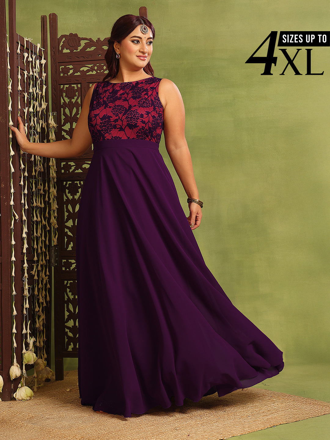 Dark Purple & Rust Sleeveless Fit and Flare Lace Dress for Women