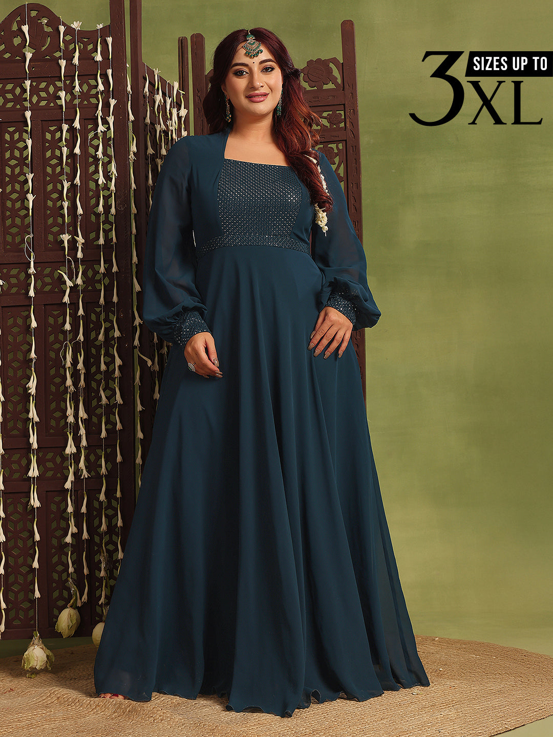 Teal Mandarin Collar Full Sleeves Fit and Flare Maxi Dress for Women