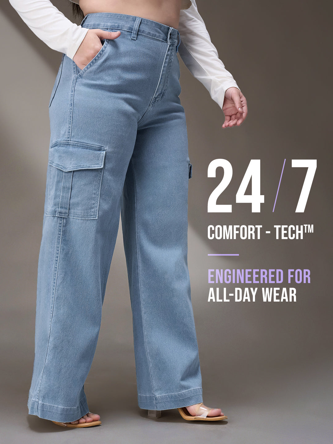 24/7 Comfort Blue Wide-Leg High-Rise Stretchable Denim Jeans for Women