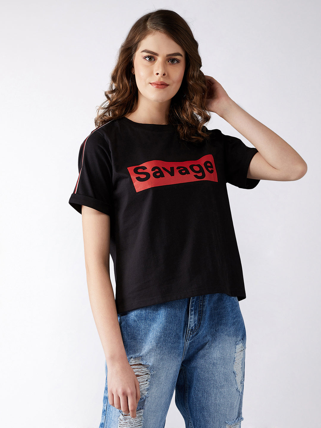 Women's Black Round Neck Short Sleeve Printed Cropped T-Shirt