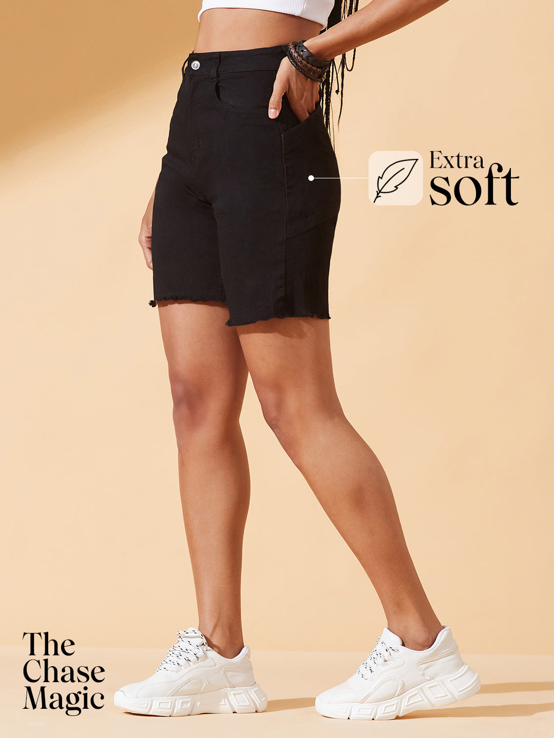 Black High-Rise Above-Knee Stretchable Denim Shorts for Women