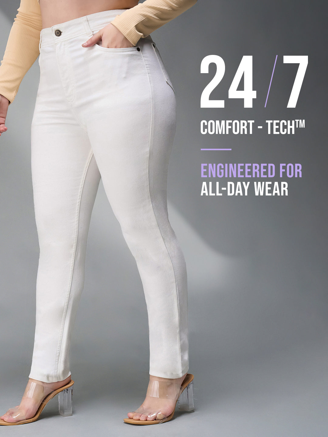 24/7 Comfort White Skinny-Fit High-Rise Stretchable Denim Jeans for Women