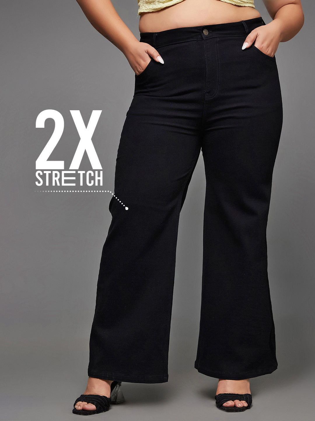 24/7 Comfort Black Wide-Leg High-Rise Stretchable Denim Jeans for Women