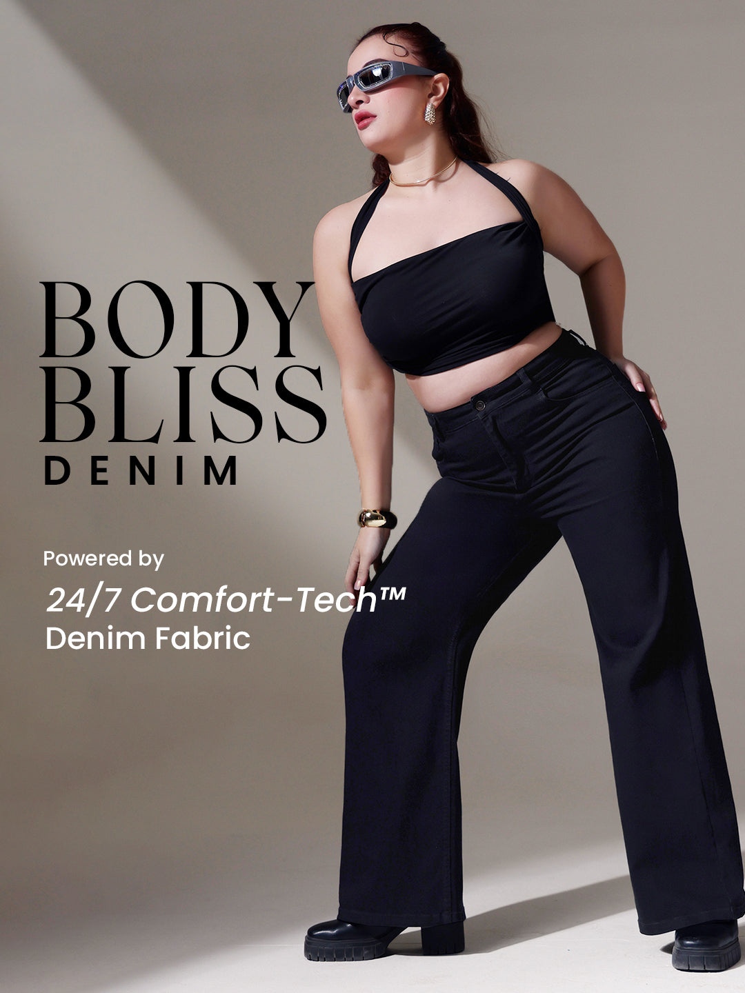 Body Bliss Black Wide-Leg High-Rise Clean-Look Stretchable Denim Jeans for Women