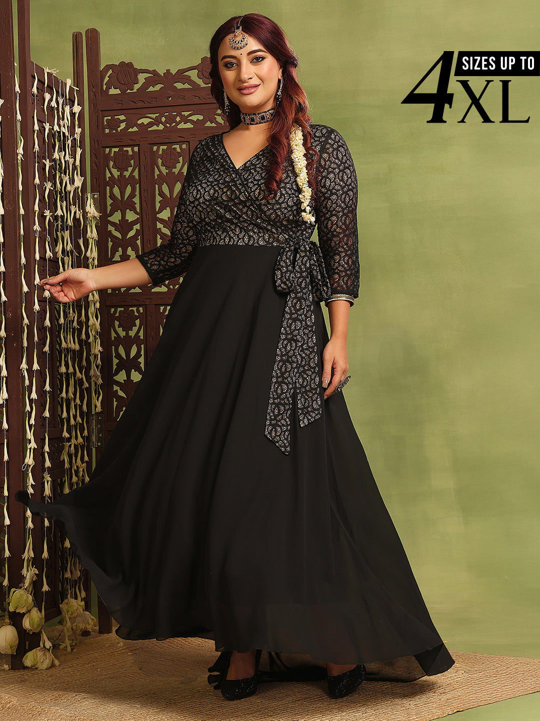 Black Long Sleeves Fit and Flare Wrap Maxi Dress with Lace Belt for Women