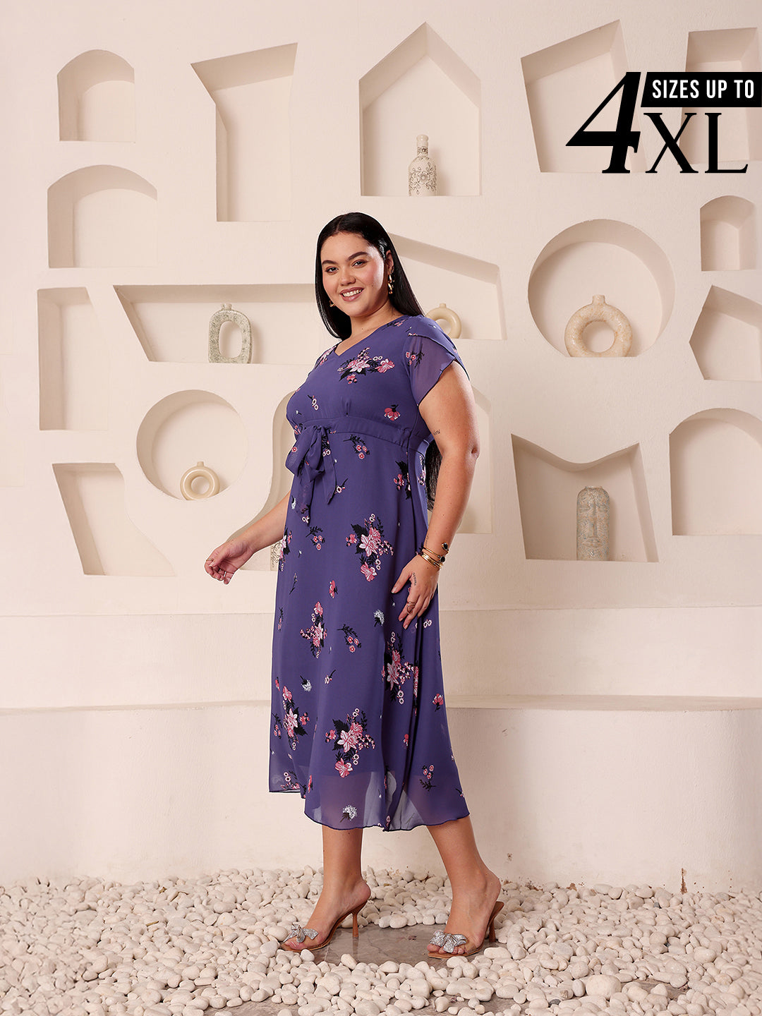 Multicolored Base Lavender V-Neck Short-Sleevedd Floral Pleated Midi Dress for Women